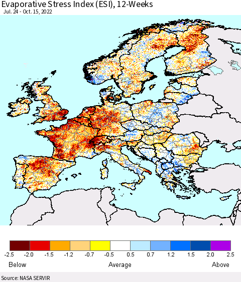 Europe Evaporative Stress Index (ESI), 12-Weeks Thematic Map For 10/10/2022 - 10/16/2022