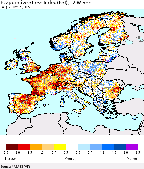 Europe Evaporative Stress Index (ESI), 12-Weeks Thematic Map For 10/24/2022 - 10/30/2022
