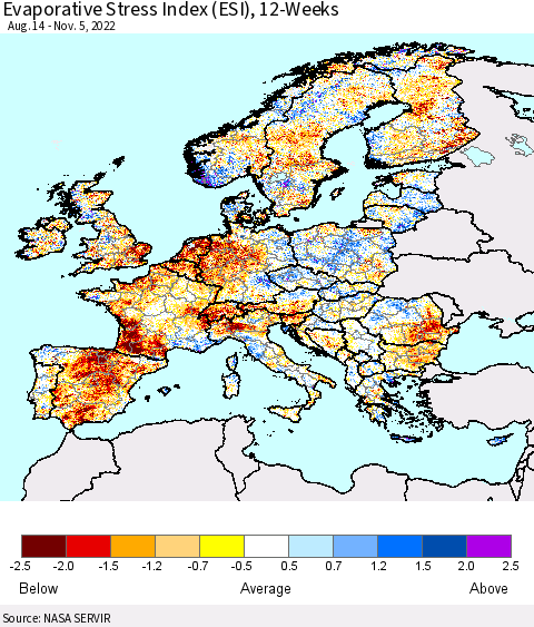 Europe Evaporative Stress Index (ESI), 12-Weeks Thematic Map For 10/31/2022 - 11/6/2022