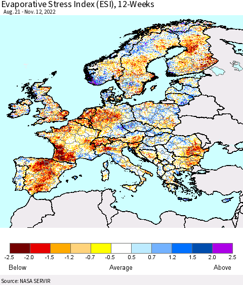 Europe Evaporative Stress Index (ESI), 12-Weeks Thematic Map For 11/7/2022 - 11/13/2022