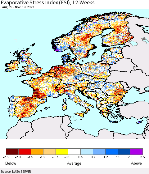 Europe Evaporative Stress Index (ESI), 12-Weeks Thematic Map For 11/14/2022 - 11/20/2022
