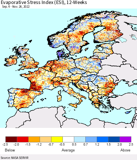 Europe Evaporative Stress Index (ESI), 12-Weeks Thematic Map For 11/21/2022 - 11/27/2022