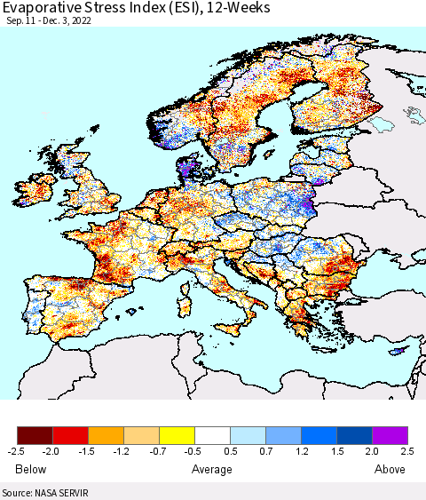 Europe Evaporative Stress Index (ESI), 12-Weeks Thematic Map For 11/28/2022 - 12/4/2022