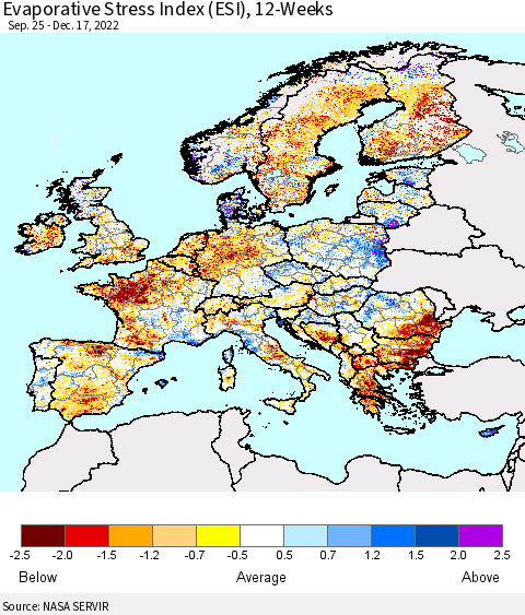 Europe Evaporative Stress Index (ESI), 12-Weeks Thematic Map For 12/12/2022 - 12/18/2022