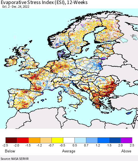 Europe Evaporative Stress Index (ESI), 12-Weeks Thematic Map For 12/19/2022 - 12/25/2022