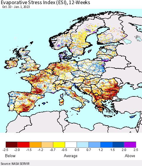 Europe Evaporative Stress Index (ESI), 12-Weeks Thematic Map For 12/26/2022 - 1/1/2023