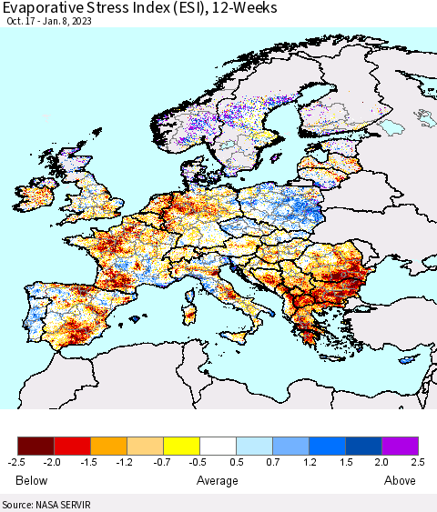 Europe Evaporative Stress Index (ESI), 12-Weeks Thematic Map For 1/2/2023 - 1/8/2023