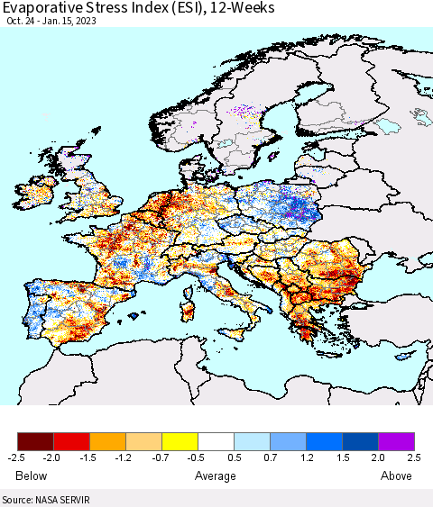 Europe Evaporative Stress Index (ESI), 12-Weeks Thematic Map For 1/9/2023 - 1/15/2023