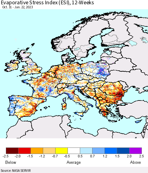 Europe Evaporative Stress Index (ESI), 12-Weeks Thematic Map For 1/16/2023 - 1/22/2023