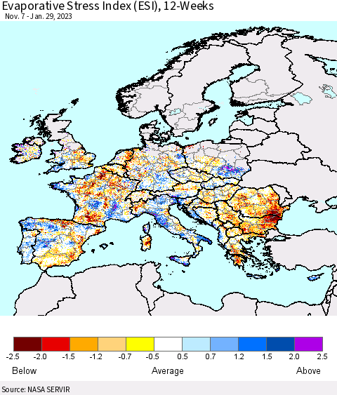 Europe Evaporative Stress Index (ESI), 12-Weeks Thematic Map For 1/23/2023 - 1/29/2023