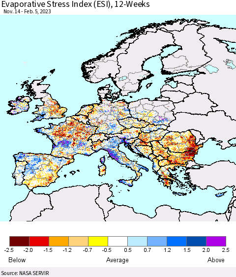 Europe Evaporative Stress Index (ESI), 12-Weeks Thematic Map For 1/30/2023 - 2/5/2023