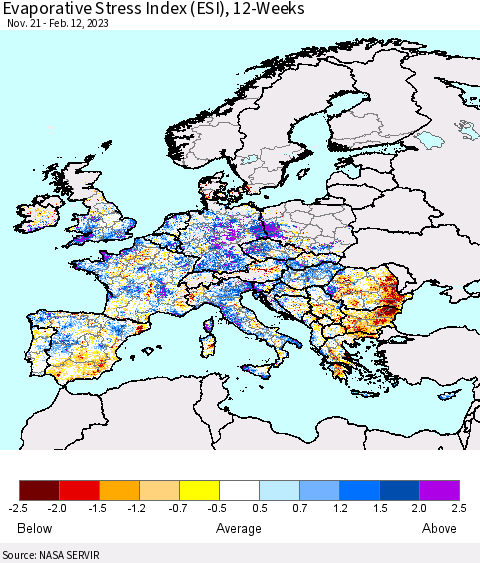 Europe Evaporative Stress Index (ESI), 12-Weeks Thematic Map For 2/6/2023 - 2/12/2023