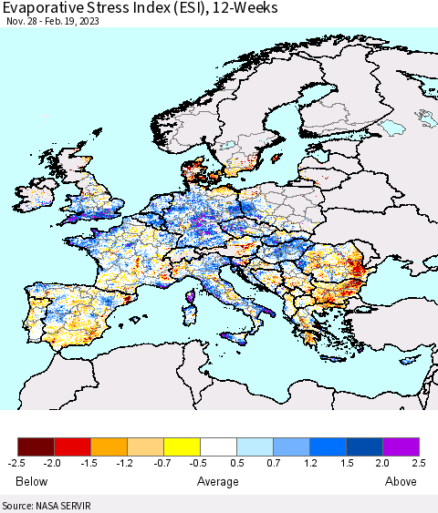 Europe Evaporative Stress Index (ESI), 12-Weeks Thematic Map For 2/13/2023 - 2/19/2023