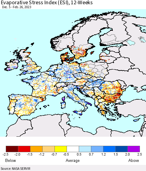 Europe Evaporative Stress Index (ESI), 12-Weeks Thematic Map For 2/20/2023 - 2/26/2023