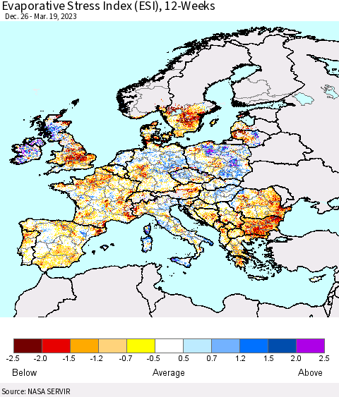 Europe Evaporative Stress Index (ESI), 12-Weeks Thematic Map For 3/13/2023 - 3/19/2023