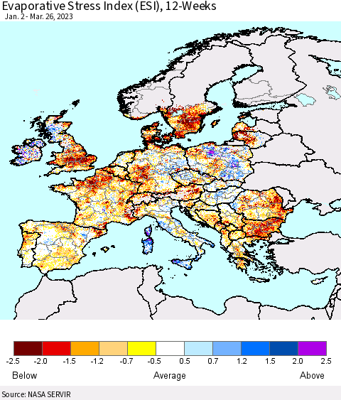 Europe Evaporative Stress Index (ESI), 12-Weeks Thematic Map For 3/20/2023 - 3/26/2023