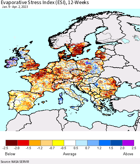 Europe Evaporative Stress Index (ESI), 12-Weeks Thematic Map For 3/27/2023 - 4/2/2023