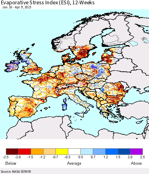 Europe Evaporative Stress Index (ESI), 12-Weeks Thematic Map For 4/3/2023 - 4/9/2023