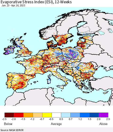 Europe Evaporative Stress Index (ESI), 12-Weeks Thematic Map For 4/10/2023 - 4/16/2023