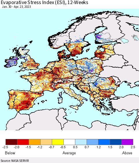 Europe Evaporative Stress Index (ESI), 12-Weeks Thematic Map For 4/17/2023 - 4/23/2023