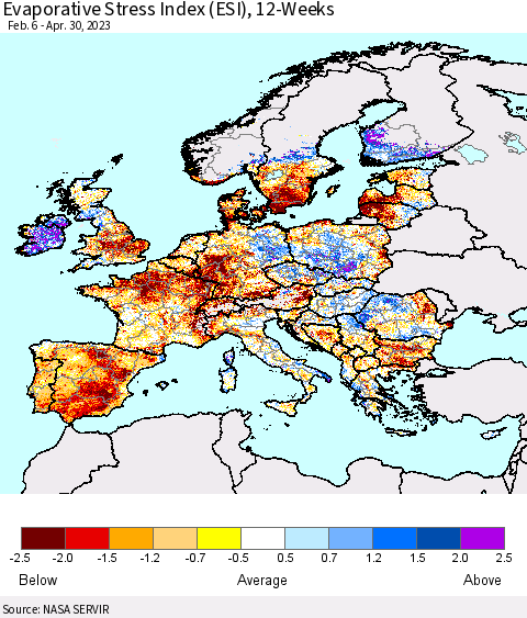 Europe Evaporative Stress Index (ESI), 12-Weeks Thematic Map For 4/24/2023 - 4/30/2023