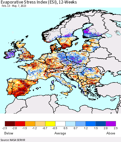 Europe Evaporative Stress Index (ESI), 12-Weeks Thematic Map For 5/1/2023 - 5/7/2023