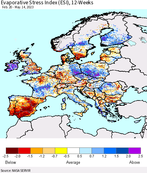 Europe Evaporative Stress Index (ESI), 12-Weeks Thematic Map For 5/8/2023 - 5/14/2023