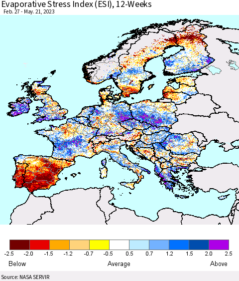 Europe Evaporative Stress Index (ESI), 12-Weeks Thematic Map For 5/15/2023 - 5/21/2023