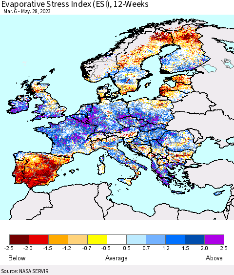 Europe Evaporative Stress Index (ESI), 12-Weeks Thematic Map For 5/22/2023 - 5/28/2023