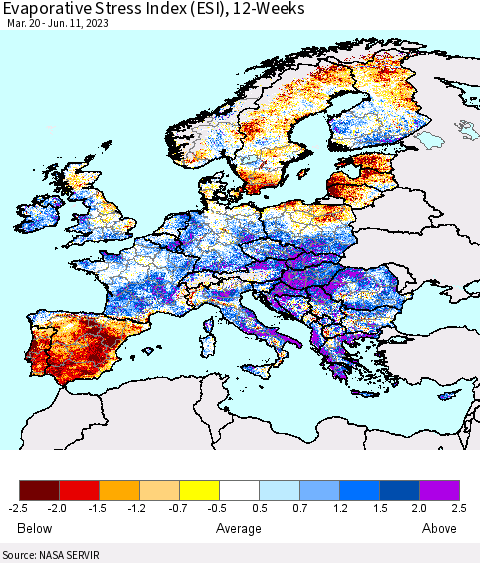 Europe Evaporative Stress Index (ESI), 12-Weeks Thematic Map For 6/5/2023 - 6/11/2023