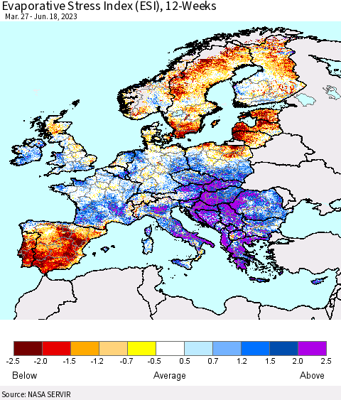 Europe Evaporative Stress Index (ESI), 12-Weeks Thematic Map For 6/12/2023 - 6/18/2023