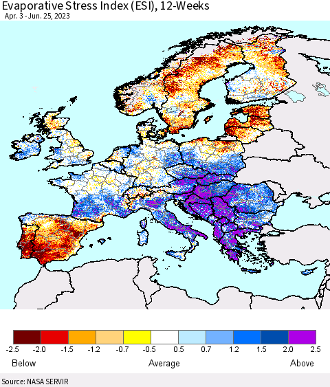 Europe Evaporative Stress Index (ESI), 12-Weeks Thematic Map For 6/19/2023 - 6/25/2023