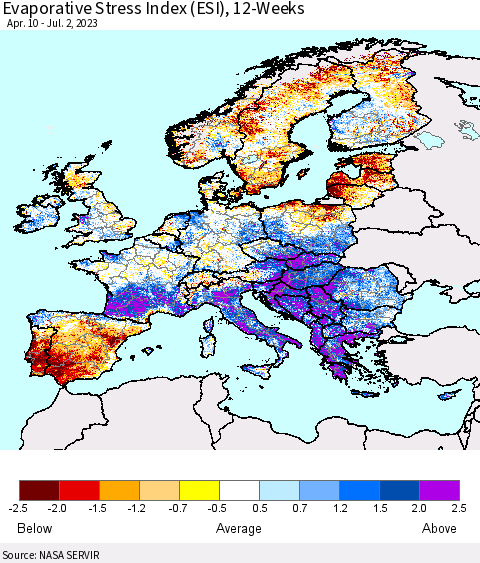 Europe Evaporative Stress Index (ESI), 12-Weeks Thematic Map For 6/26/2023 - 7/2/2023