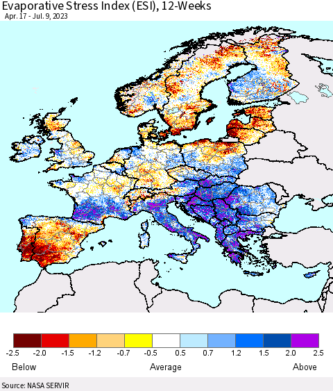Europe Evaporative Stress Index (ESI), 12-Weeks Thematic Map For 7/3/2023 - 7/9/2023