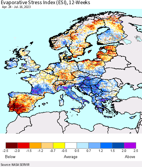 Europe Evaporative Stress Index (ESI), 12-Weeks Thematic Map For 7/10/2023 - 7/16/2023