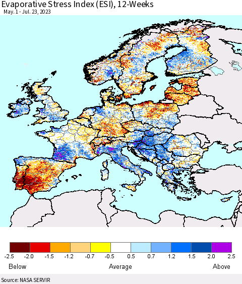 Europe Evaporative Stress Index (ESI), 12-Weeks Thematic Map For 7/17/2023 - 7/23/2023