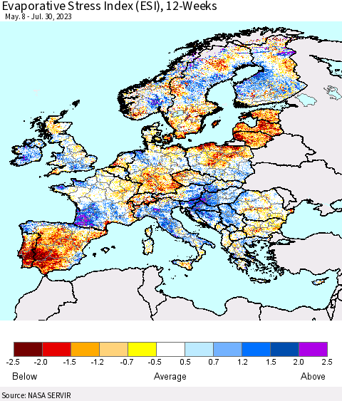 Europe Evaporative Stress Index (ESI), 12-Weeks Thematic Map For 7/24/2023 - 7/30/2023