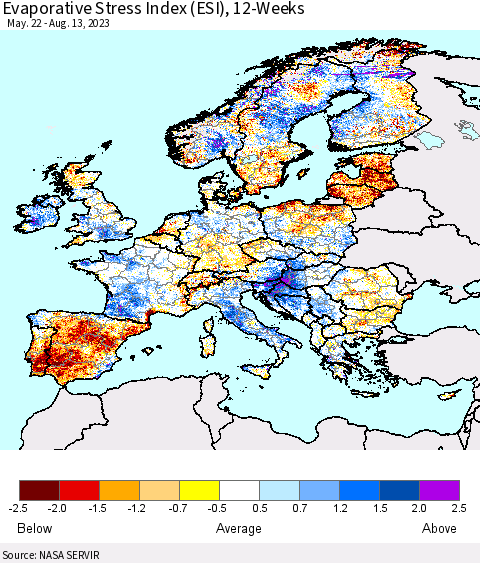 Europe Evaporative Stress Index (ESI), 12-Weeks Thematic Map For 8/7/2023 - 8/13/2023