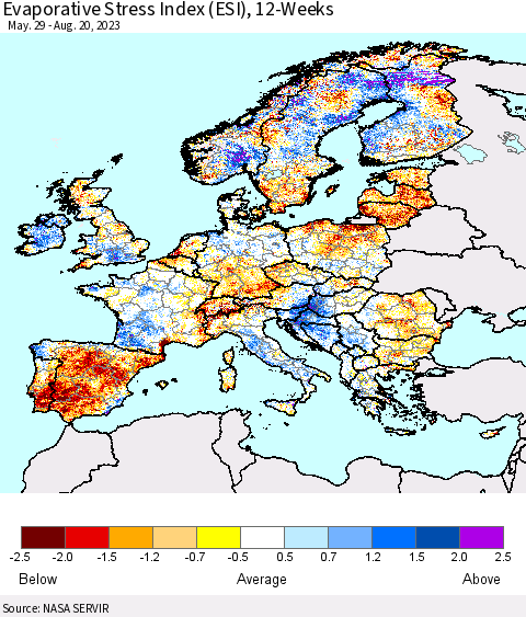 Europe Evaporative Stress Index (ESI), 12-Weeks Thematic Map For 8/14/2023 - 8/20/2023
