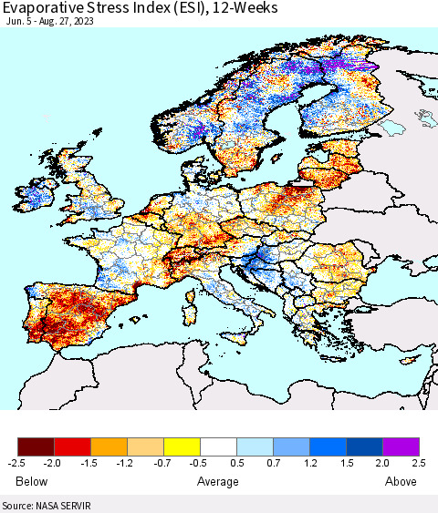 Europe Evaporative Stress Index (ESI), 12-Weeks Thematic Map For 8/21/2023 - 8/27/2023