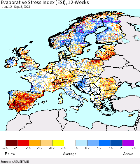 Europe Evaporative Stress Index (ESI), 12-Weeks Thematic Map For 8/28/2023 - 9/3/2023