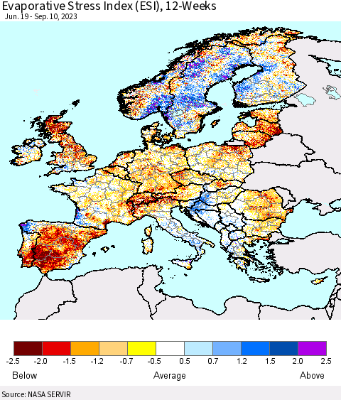 Europe Evaporative Stress Index (ESI), 12-Weeks Thematic Map For 9/4/2023 - 9/10/2023