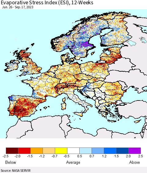 Europe Evaporative Stress Index (ESI), 12-Weeks Thematic Map For 9/11/2023 - 9/17/2023