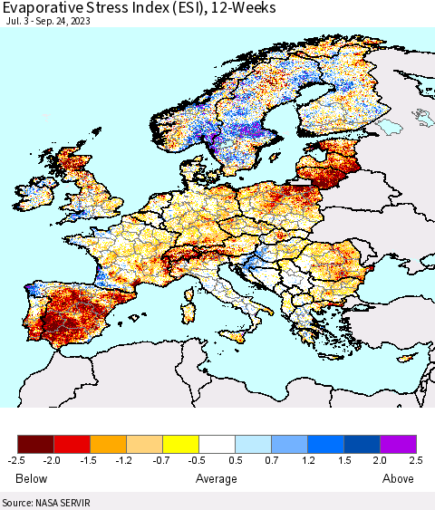 Europe Evaporative Stress Index (ESI), 12-Weeks Thematic Map For 9/18/2023 - 9/24/2023