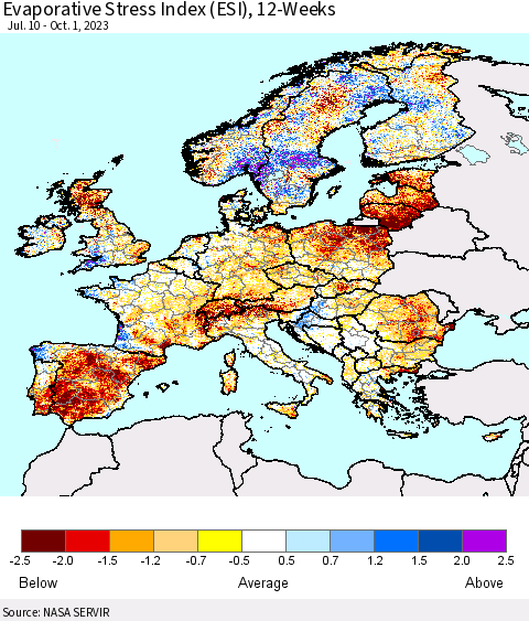 Europe Evaporative Stress Index (ESI), 12-Weeks Thematic Map For 9/25/2023 - 10/1/2023