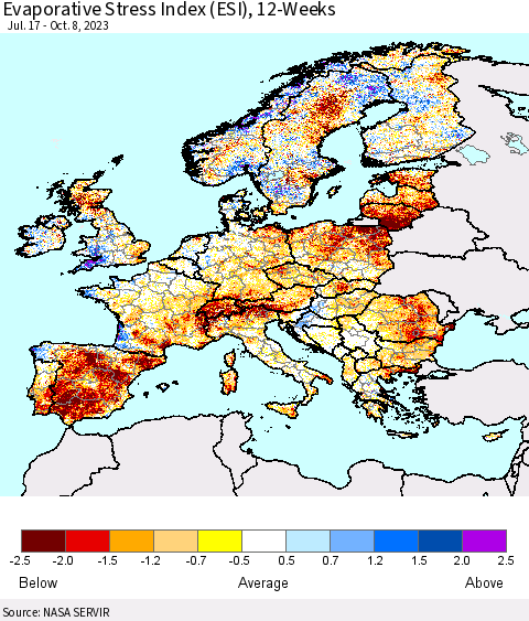 Europe Evaporative Stress Index (ESI), 12-Weeks Thematic Map For 10/2/2023 - 10/8/2023