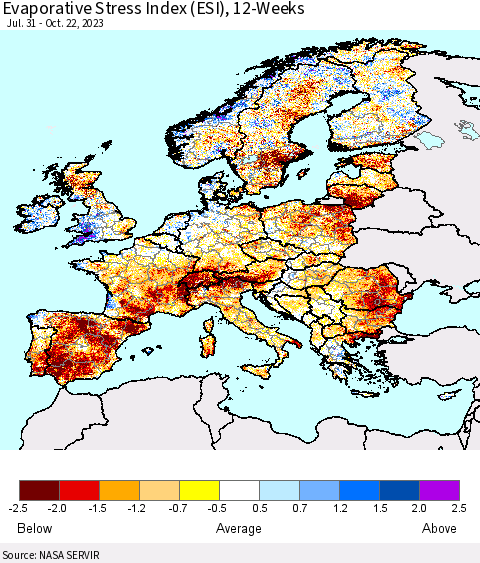 Europe Evaporative Stress Index (ESI), 12-Weeks Thematic Map For 10/16/2023 - 10/22/2023