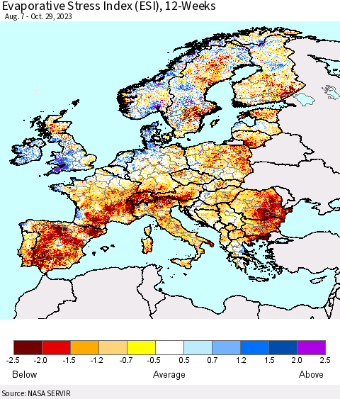 Europe Evaporative Stress Index (ESI), 12-Weeks Thematic Map For 10/23/2023 - 10/29/2023