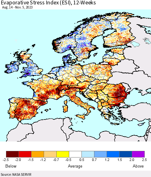 Europe Evaporative Stress Index (ESI), 12-Weeks Thematic Map For 10/30/2023 - 11/5/2023