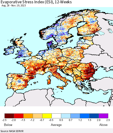 Europe Evaporative Stress Index (ESI), 12-Weeks Thematic Map For 11/13/2023 - 11/19/2023